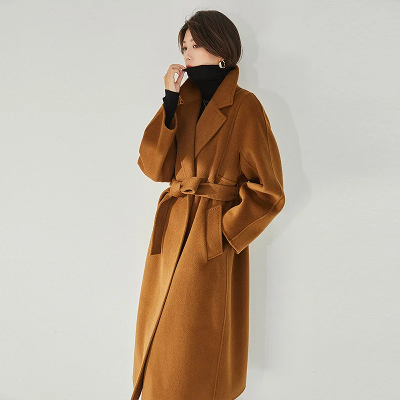 Cashmere Winter Coat Camel Long Wool Coat Women's 2024 Autumn Collection Collar Beige Wool Strap Coat Loose Casual Fashion Coat