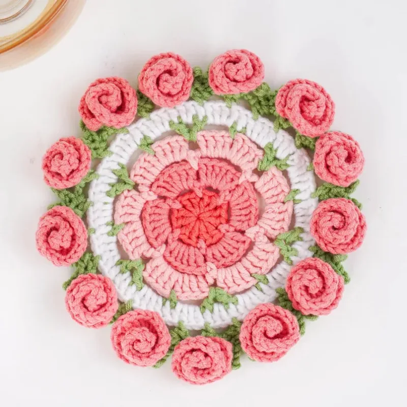 Pure Hand-Crochet Flower Drink Coaster Set Tea Cup Mat Kitchen Bistro Tables Bars Coffee Shops Dining Table Decoration
