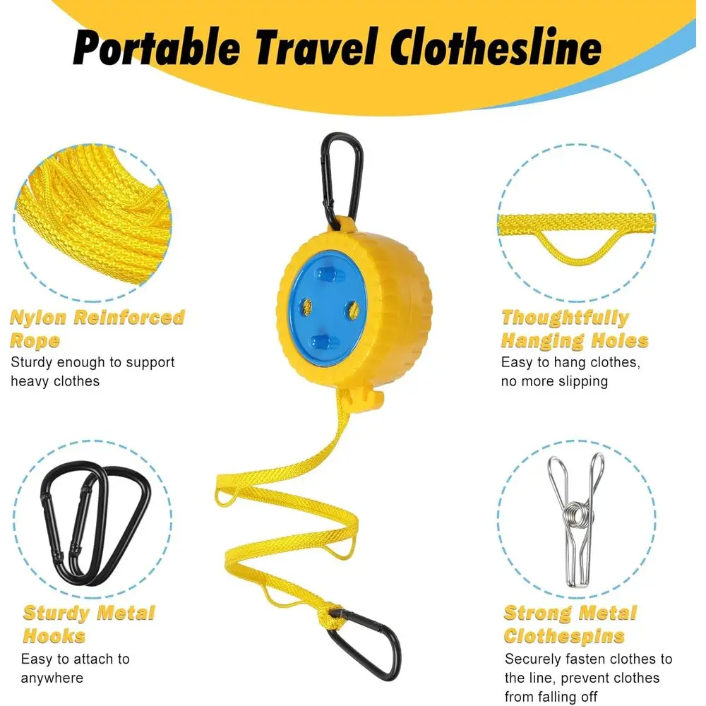 Collapsible Outdoor Clothesline, Portable Travel Line with Pins & Holes, Ideal for Camping, RV, Cruise, Hotel (Yellow, 12.5 ft)