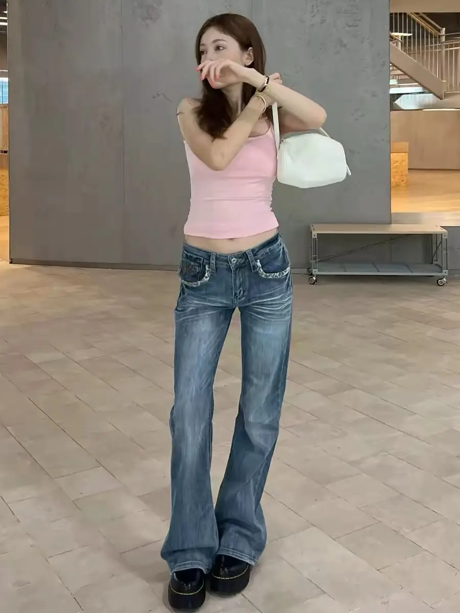Y2K American Retro Leopard Print Spliced Washed Denim Jeans Women Design Sense Versatile Straight Leg Slim Fit Pants