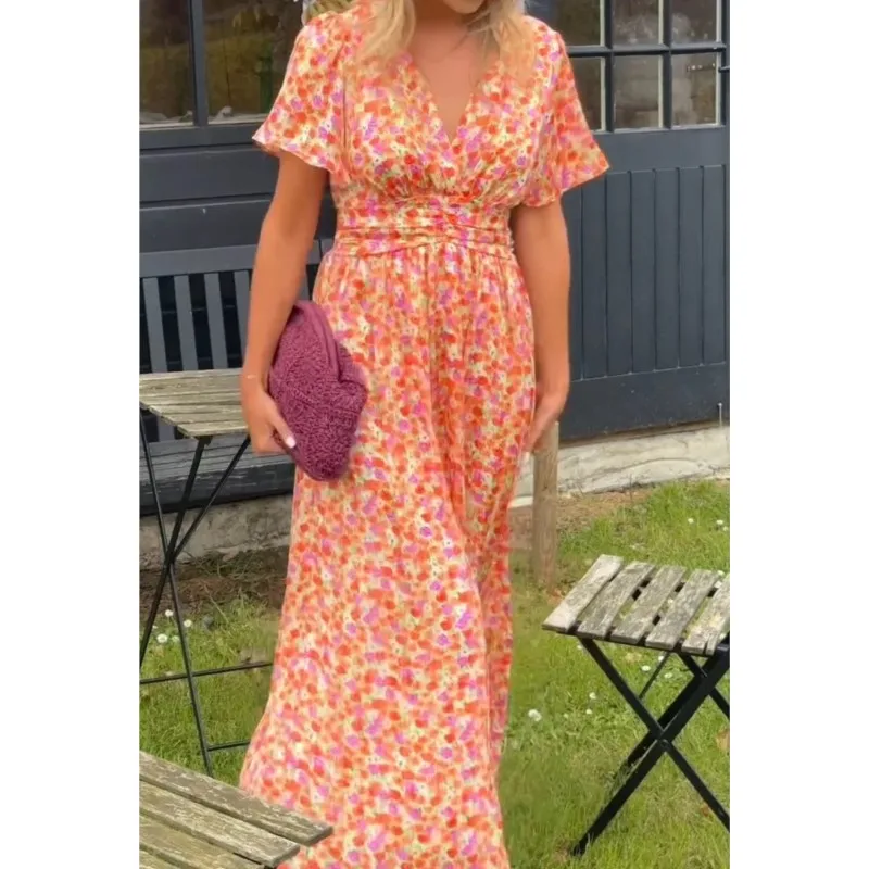 Vintage Women Floral Print Dress Bohemian New Casual V Neck Maxi Sundress Ladies Sexy Summer Boho Dress Female Beach Party Femme