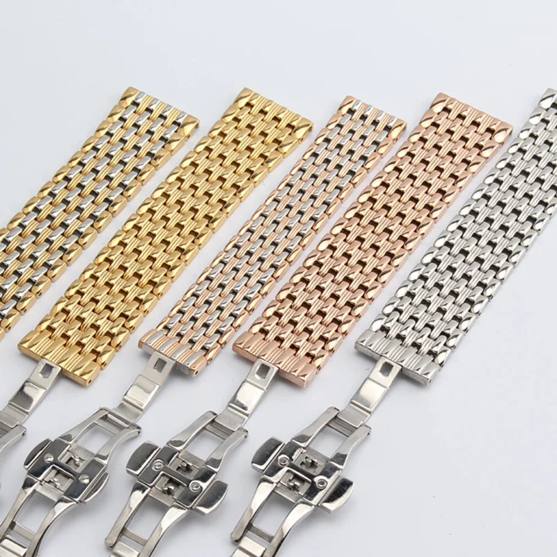 Ремешок для часов, браслет из натуральной нержавеющей стали, 14 мм, 16 мм, 18 мм, 20 мм, 22 мм, мужской ремешок для наручных часов, аксессуары, складная пряжка, ремешок для часов, ЗОЛОТОЙ