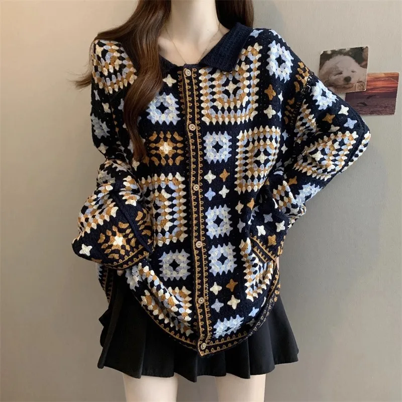 سترة نسائية محبوكة برقبة بولو من قماش الجاكار العرقي للسيدات والفتيات مقاس كبير ملابس غطاء سترة جميلة للخريف والشتاء #3