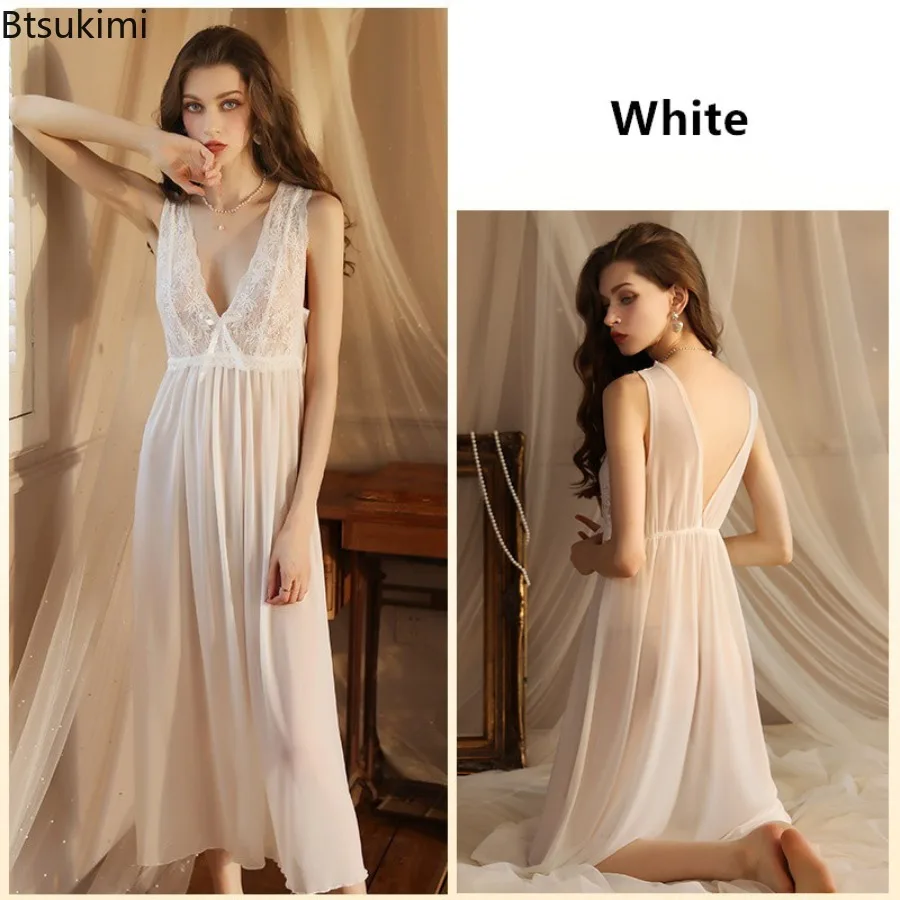 Women's Long Wedding Night Dress Lace Perspective Gowns Vintage Nightgown Elegant Low-cut Nightdress Sleeveless Sleep Night Wear