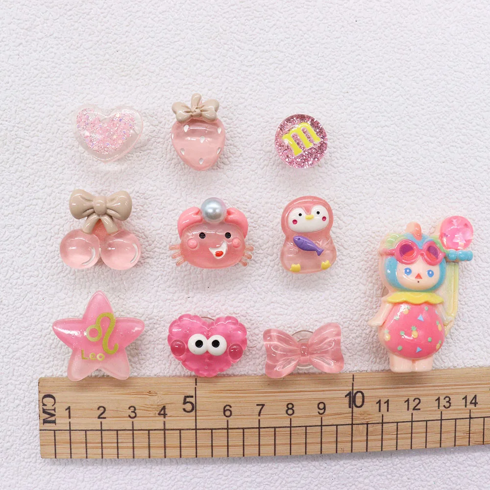 Mix 50pcs Resin Pink Shoe Charms Girl Penguin Bow Cherry Star Crab Heart Buckle Clogs Pins Fit Wristbands Decorations Kid Gift