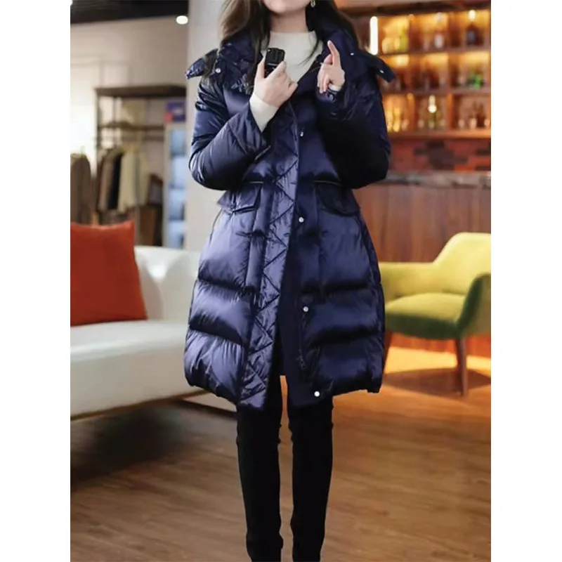 95% White Goose Down Waist Down Jacket, Hooded Medium and Long 2024 New Women, Goose Down Klein Blue Bread Jacket