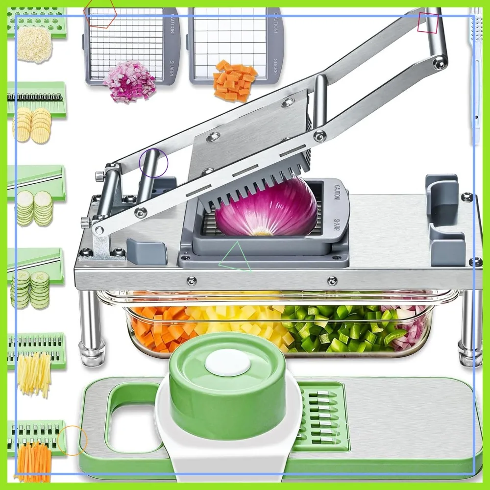

8-Blade Vegetable Chopper & Mandoline Slicer with Container - Stainless Steel Food Dicer Grater for Veggies Onions Potatoes