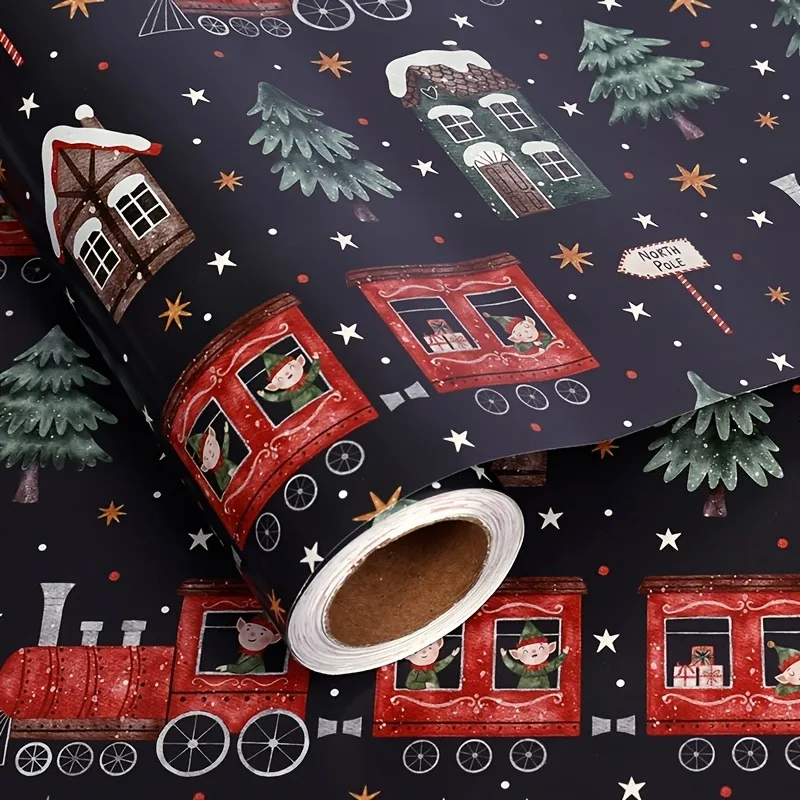 Christmas Little Train Gift Wrapping Paper, Thickened Matte Paper Roll, Xmas Tree House Pattern, Birthday Gift Handmade Paper