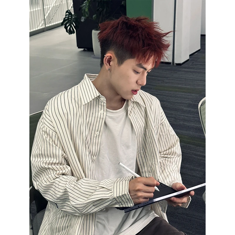 

Cleanfit Stripe irt Men's Premium Feel Long Sve American Retro Teenage Feel Outerwear Trendy Spring arp Collar Design