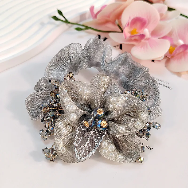 Neue Organza-Blumen-Accessoires Coletero Grande Para Cabello Scrunchies Kroattoкики Волос Kristall-Haarseil für Damen – Detail 6