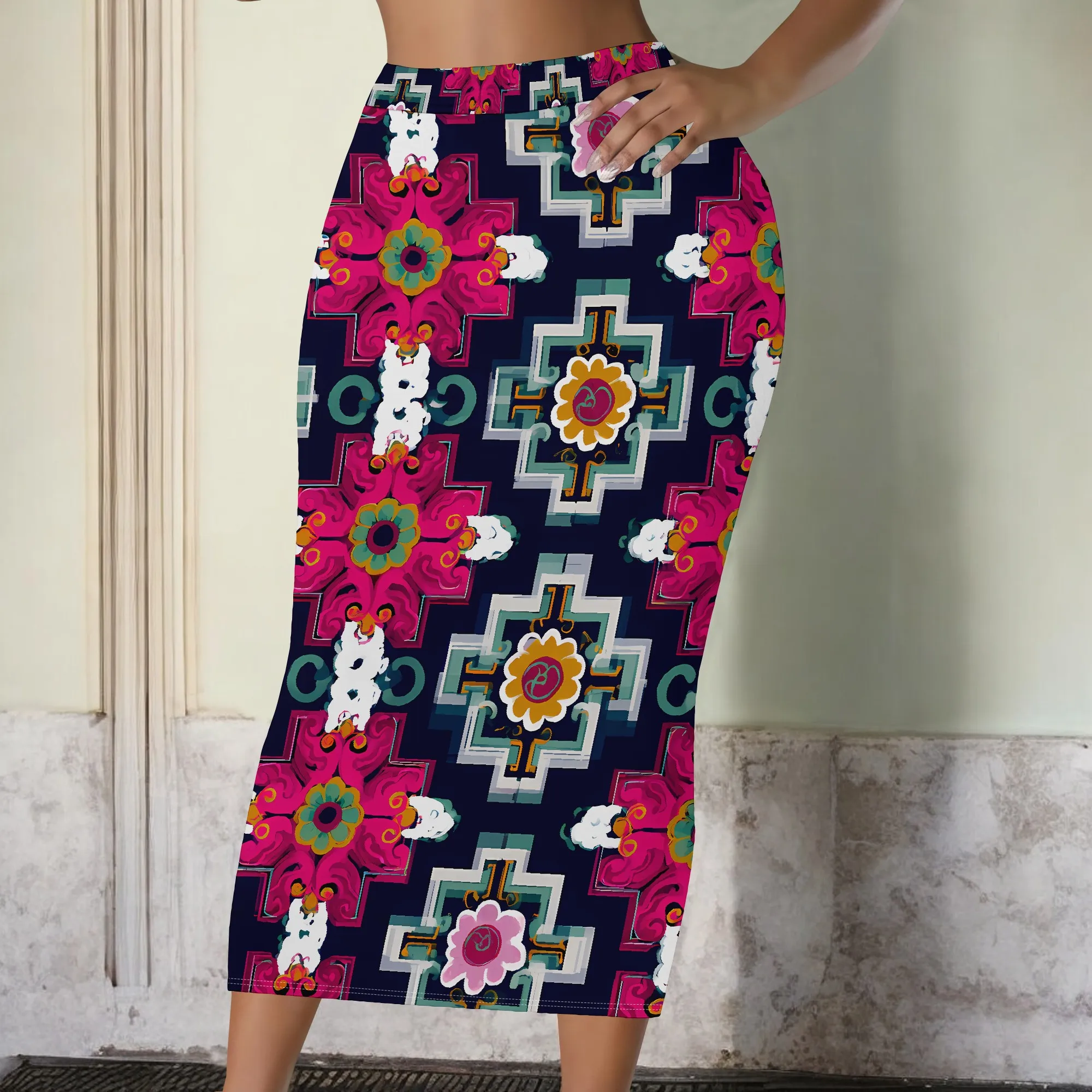 Printed Pencil Skirt, Floral Pattern, Geometric Design, Boho Style, Summer Wear, Women's Fashion, S-2XL