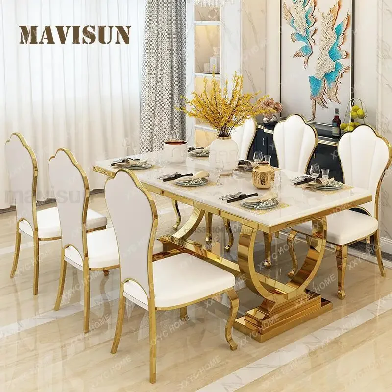 Light Luxury Kitchen Table With Marble Rectangle Stable Gold Plated Stainless Steel Frame Dining Table And Chairs Combination