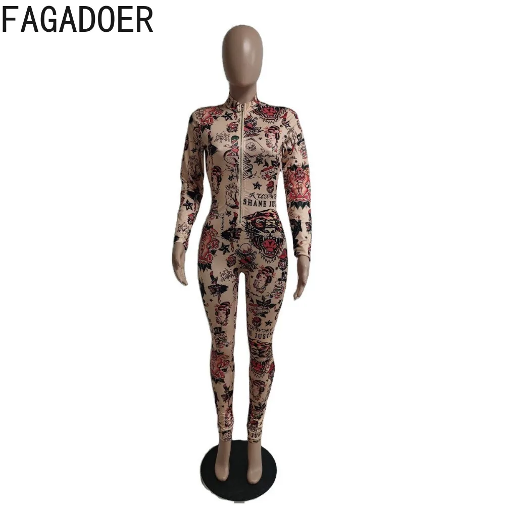 FAGADOER Y2K Sexy Graffiti Pattern Printing Jumpsuits Women Zipper Bodycon Cool Girl Streetwear Female Slim Nightclub Playsuits