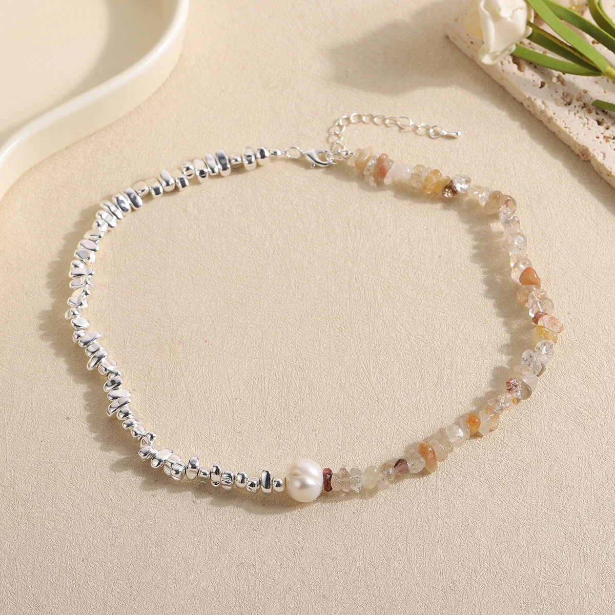 Boho Healing Crystal Gravel Chip Bead Necklace for Women Irregular Silver Pebble Asymmetric Freshwater Pearl Choker