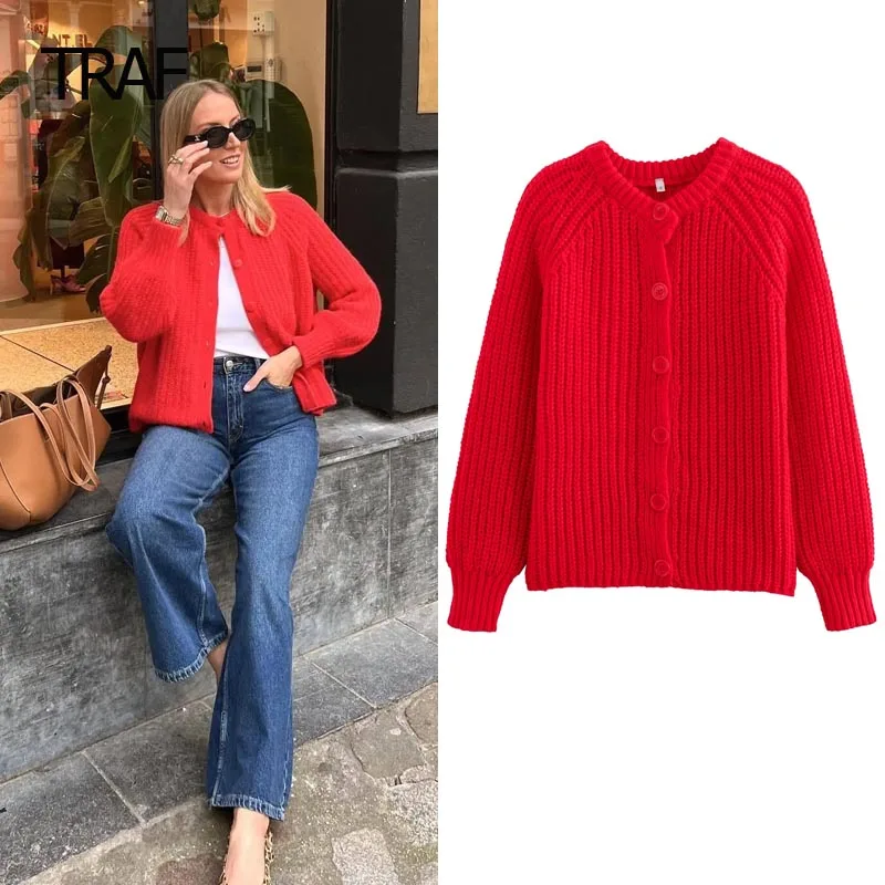 TRAF Women\'s Sweater Spring 2024 Red Knitted Cardigan Crop O-Neck Long Sleeve Tops Korean Style Coat Elegant Fashion Sweaters