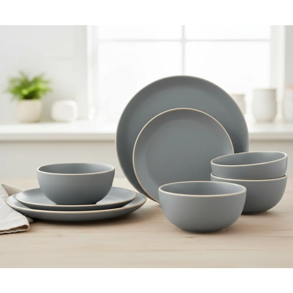 

Современный набор столовой посуды из 12 предметов на 4 человека, серая матовая керамогранит — можно использовать в микроволновой печи и в посудомоечной машине