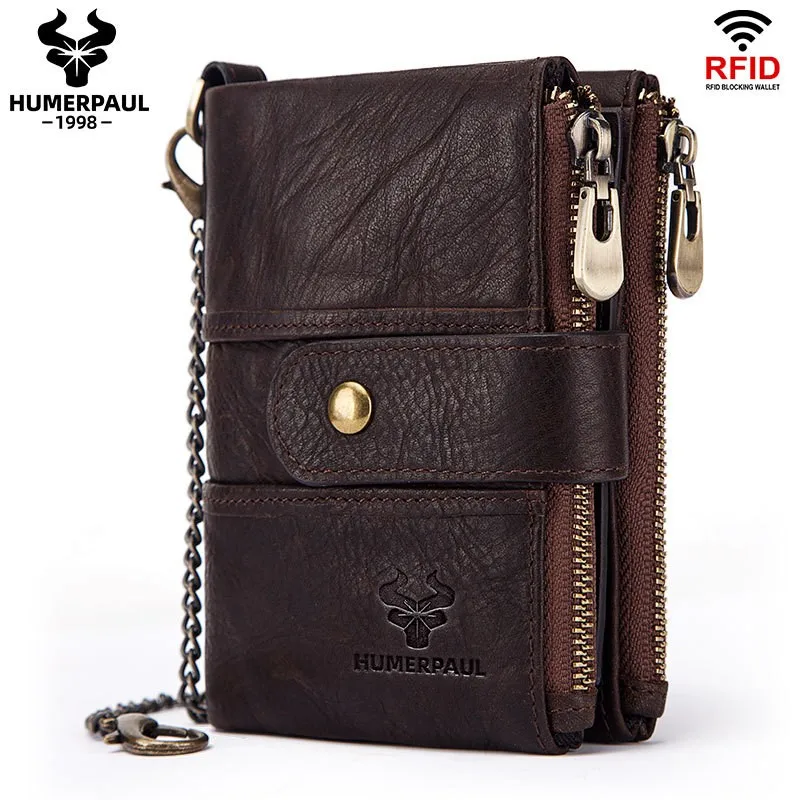 

Men's RFID Blocking Genuine Leather Wallet Retro Cowhide Coin Purse with Buckle Zipper Multi-Slot Card Holder Billitera Hombre