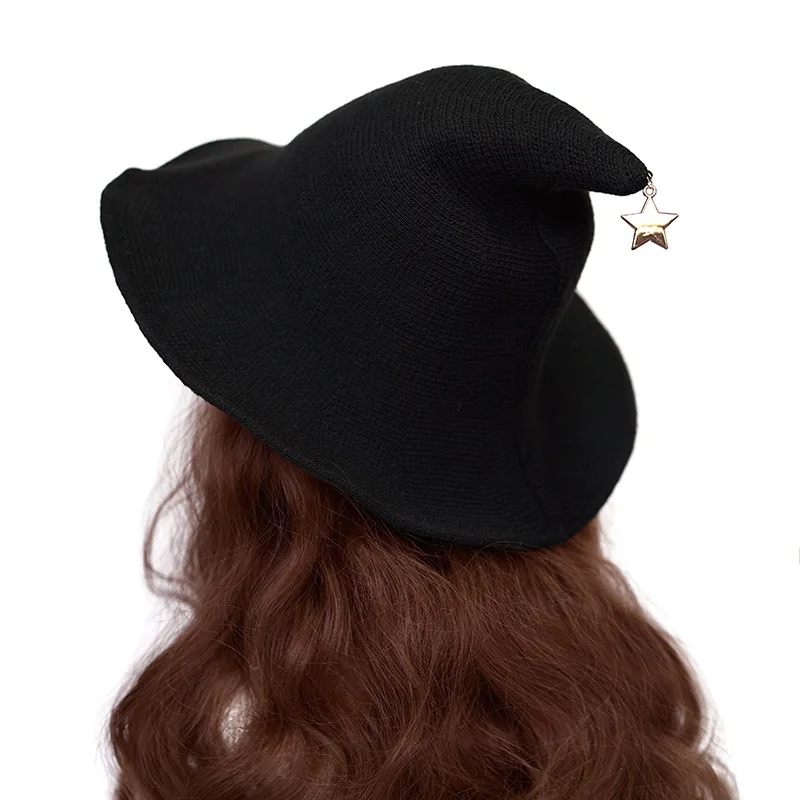 Halloween Witch Wizard Hat Knitted Cotton Yarn Cosplay Prop Lolita Pointed Manga Exhibition Accessory Foldable Magic Girl Hat