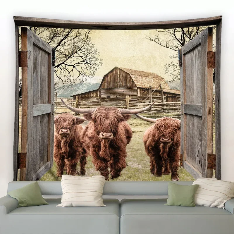 Funny Farm Cows Tapestry Vintage Wooden Door Farmhouse Fence Windmill Animal Cow Gray Plank Wall Hanging Fabric Home Room Dec #