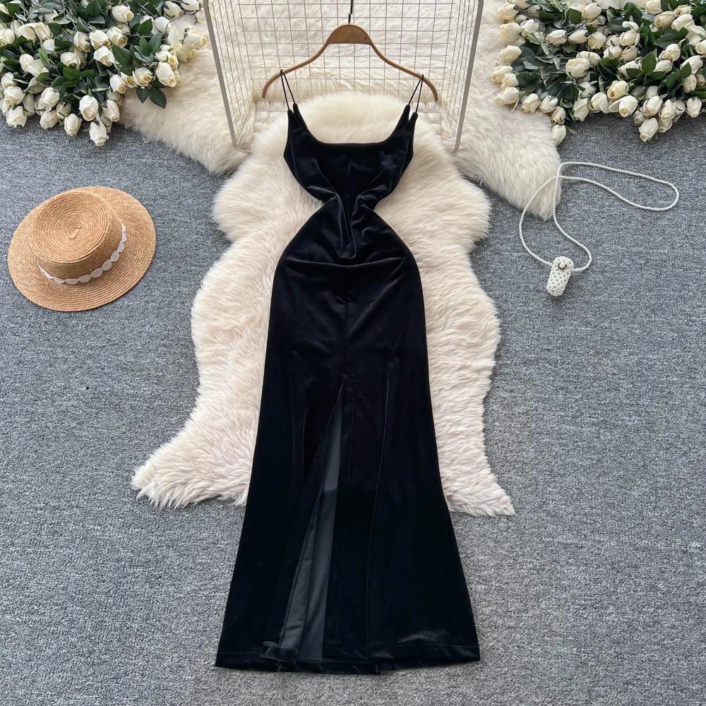 Retro Elegant Casual ärmelloses rückenfreies Velours schlankes Fairycore-Sommerkleid mit hoher Taille Damenbekleidung