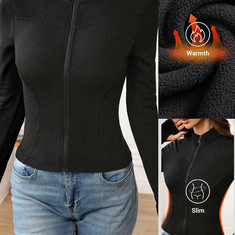 

Women's Slim-Fit Zip-Up Stand Collar Jacket, Classic Black, Slim Fit That Adheres to the Body Without Being Bulky, Stand Collar and Zipper Combine for a Neat Look, Long Sleeves with Thumb-Hole Details Enhance the Fit, Essential for Spring and Autumn Daily