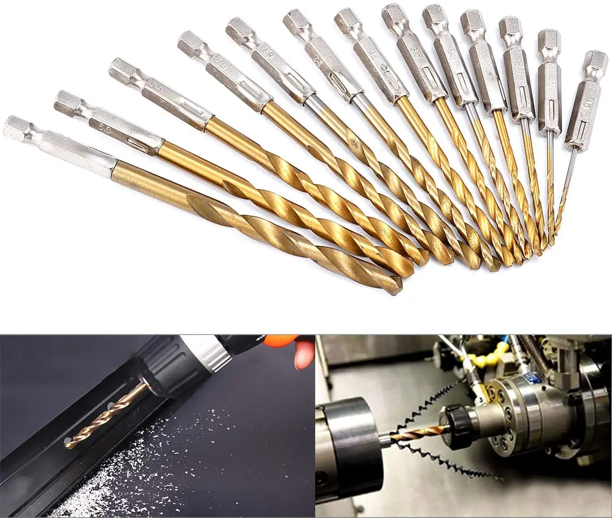 Titan Xoắn Bộ Mũi Khoan 13 Chiếc Chuôi Lục Giác HSS Nhanh Chóng Thay Đổi Thường Xuyên Dụng Cụ Khoan Gỗ Nhựa Hợp Kim Nhôm 1.5-6.5Mm