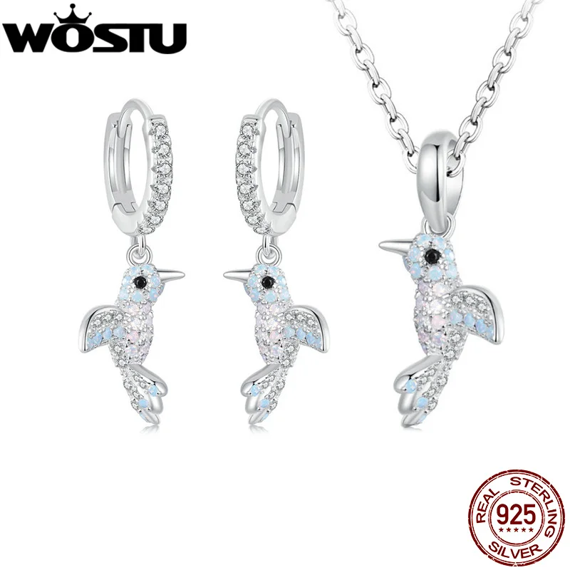 WOSTU 925 Sterling Silver Kingfisher Bird Drop Dangle Earrings luxury Wedding Jewelry Full of Stone CZ 3D Birds Pendant Necklace