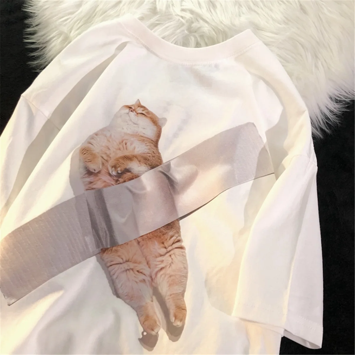 T-shirt vintage américain pour couple, impression de ruban adhésif, chaton, précieux, col rond, t-shirts adt demi-manches, doux, cool, étudiant, Y