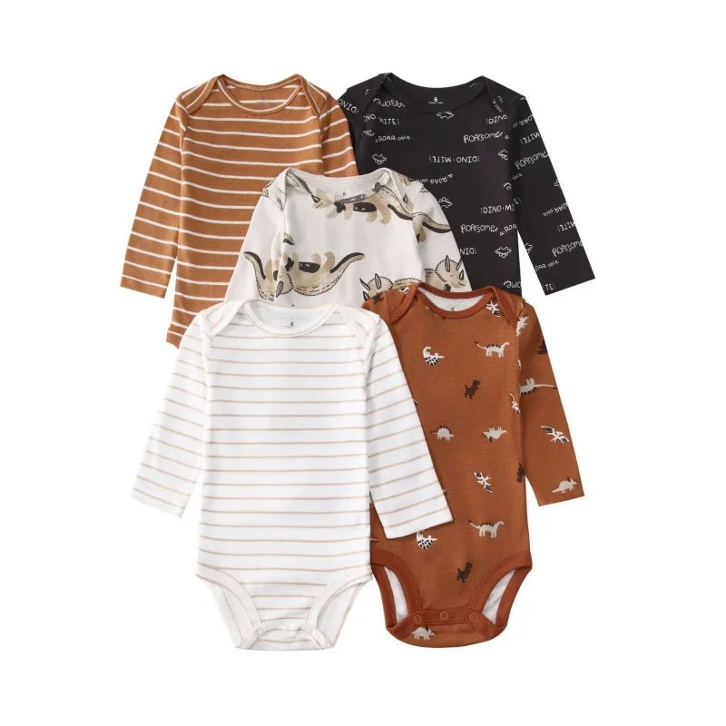 5PCS Spring Newborn Baby Cute Print Clothes Baby Boys Girls Cotton Stripe Bodysuits Long Sleeve Cartoon Bebe Jumpsuit Clothing