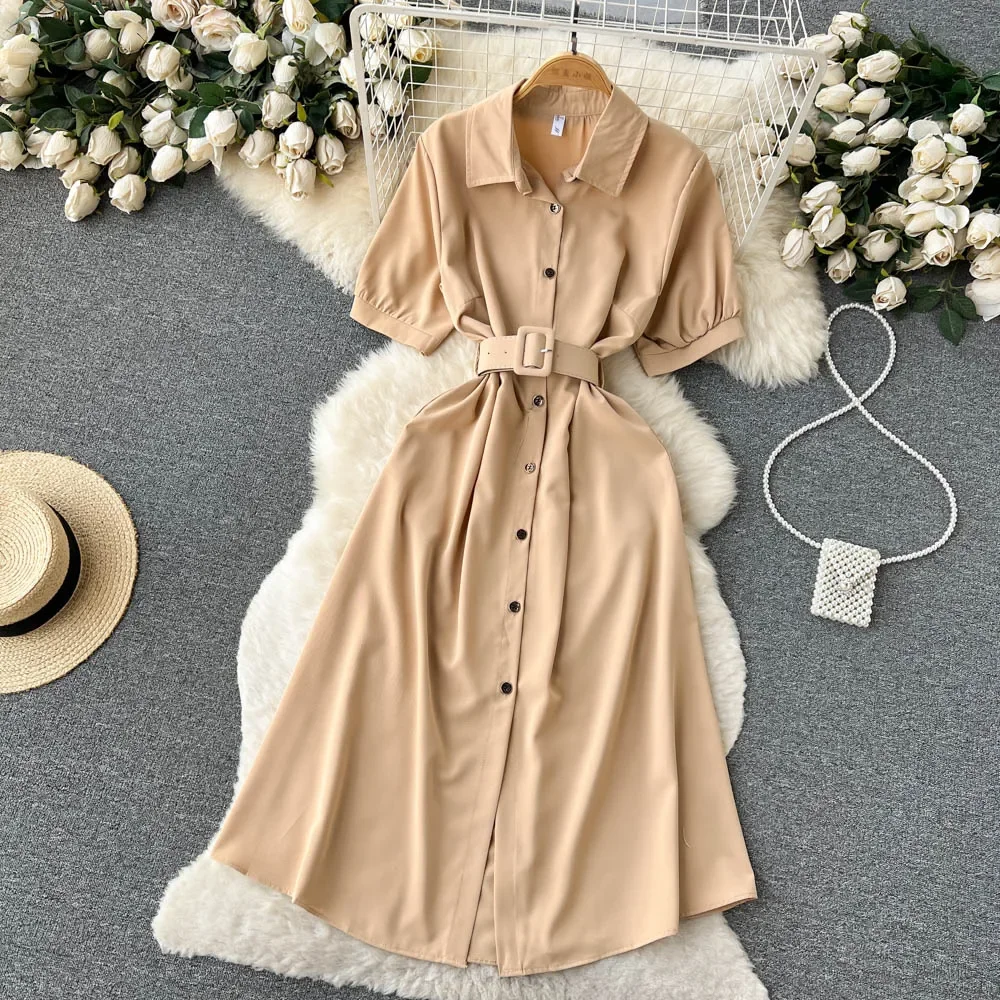 Summer Vintage Green/Blue/Red Turn-Down Collar Single Breasted Dress Casual Short Sleeve High Waist A-Line Midi Robe New Fashion