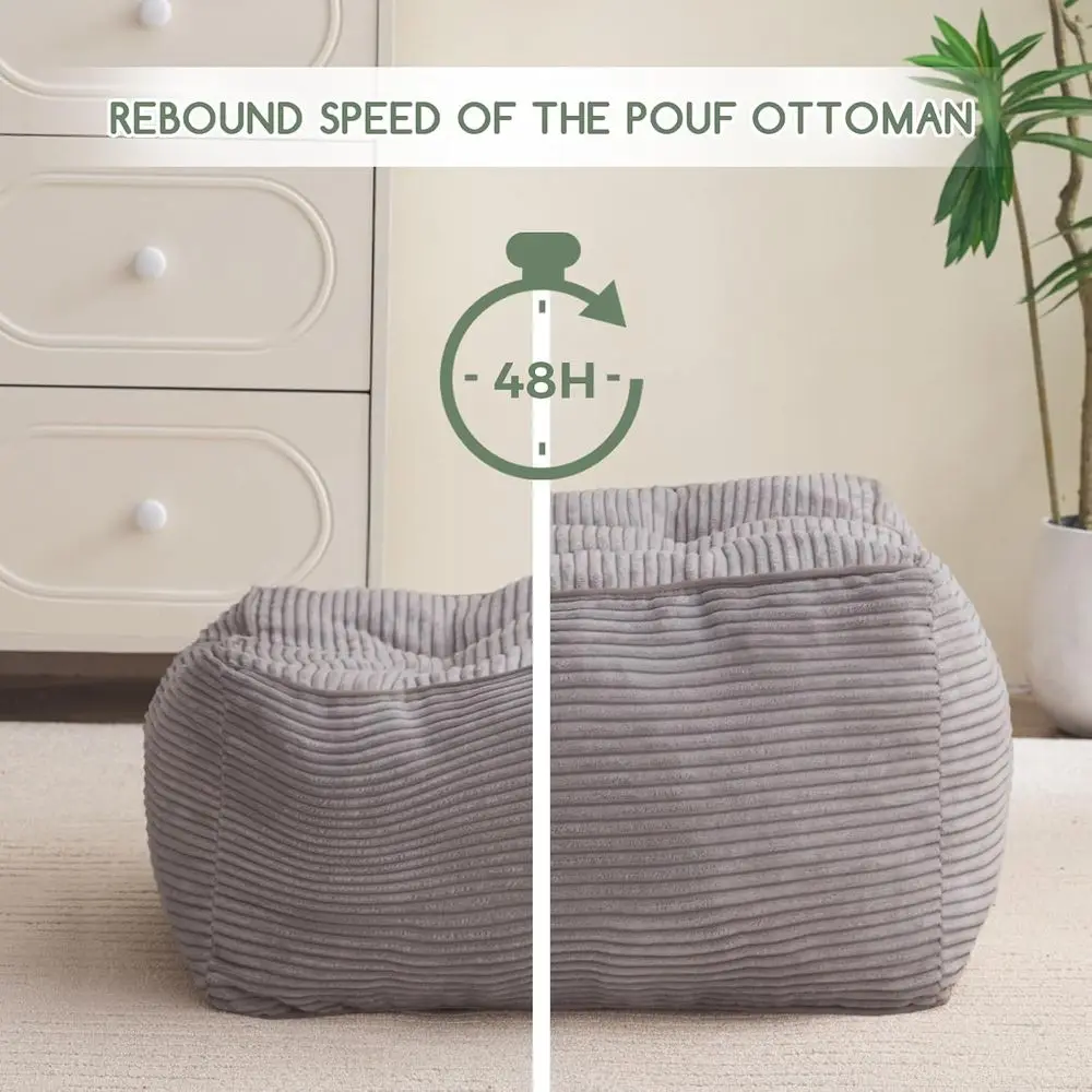 Pouf ottoman rempli de mousse en velours côtelé gris, repose-pieds de rangement carré 25.6 pour le salon