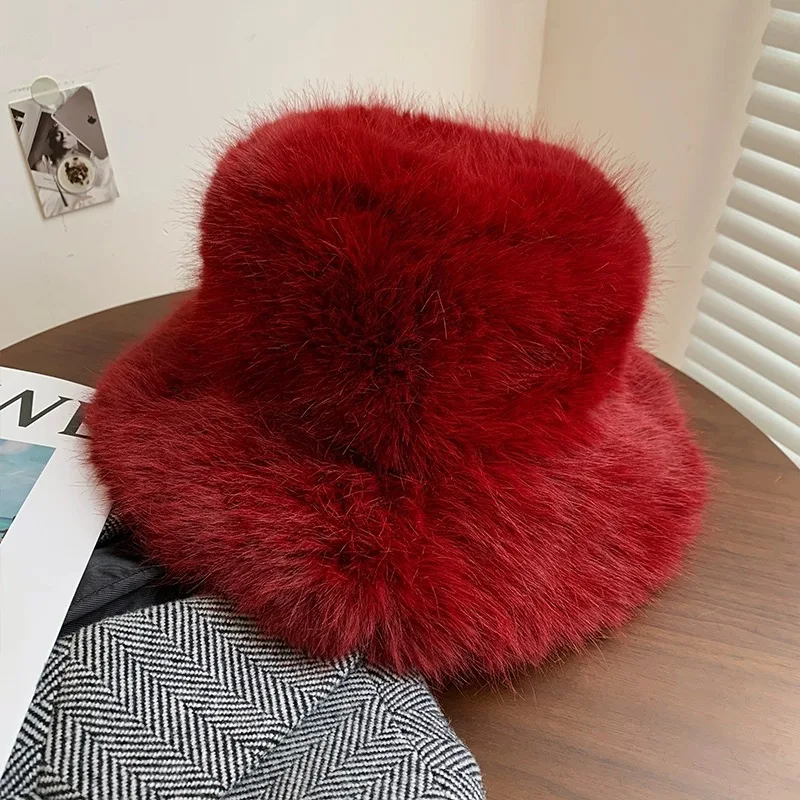 New Big Fluffy Faux Fur Bucket Hats for Women Luxury Plush Fisherman\'s Hat Winter Warm Fashion Colorful and Gorgeous Party Hat