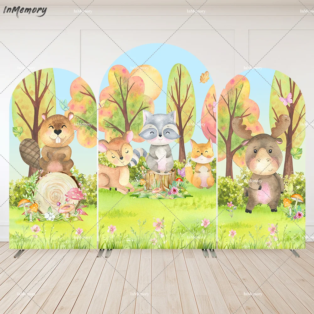 

Cartoon Woodland Forest Animals Arched Wall Party Supplies Banner Fox Bear Boy Newborn Birthday Arch Backdrop Cover Background