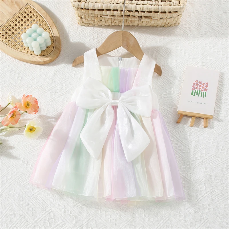 (0-3 Years Old) Summer Baby Girl Mesh Bow Sleeveless Princess Dress Cute Birthday Party Dress Beach Dress