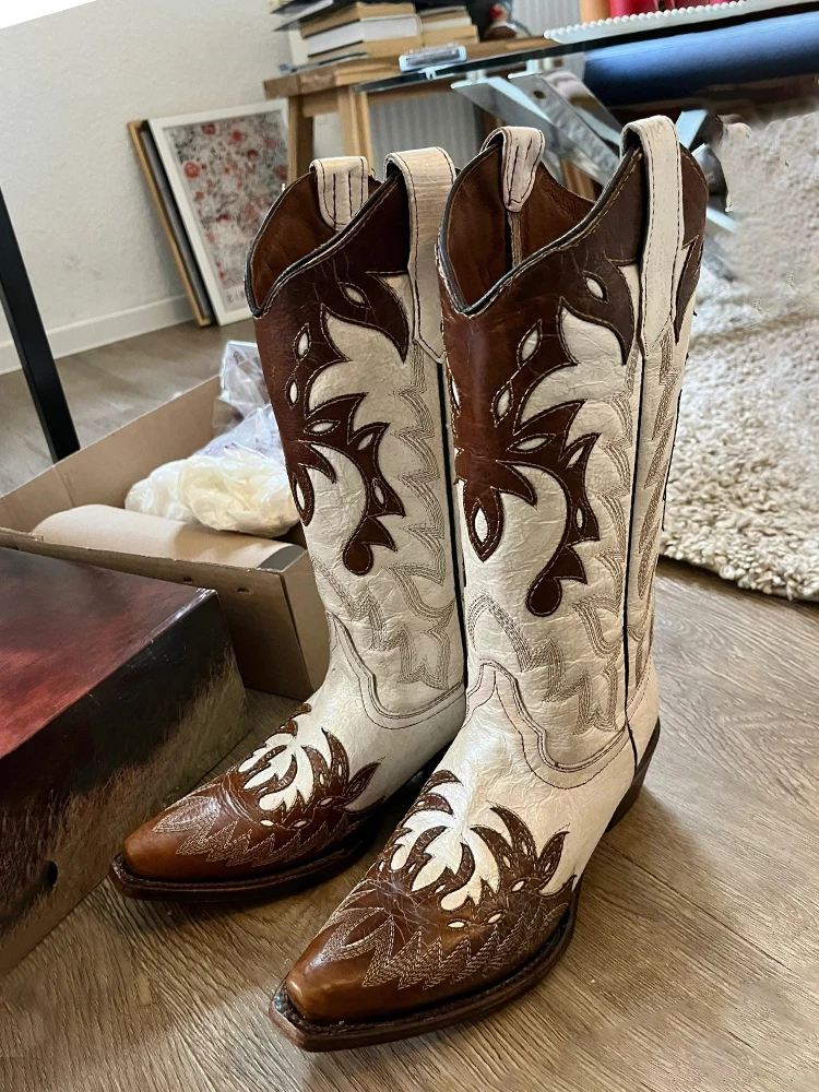 

2026 New Fashion Color Block High Tube Knee Less Western Boots Embroidered Cowboy Boots Pointed Toe Stitched Fashionable All ...