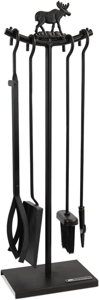 

5-Piece Wrought Iron Fireplace Tools Set with Brush, Poker, Shovel, and Tongs for Indoor Outdoor Use