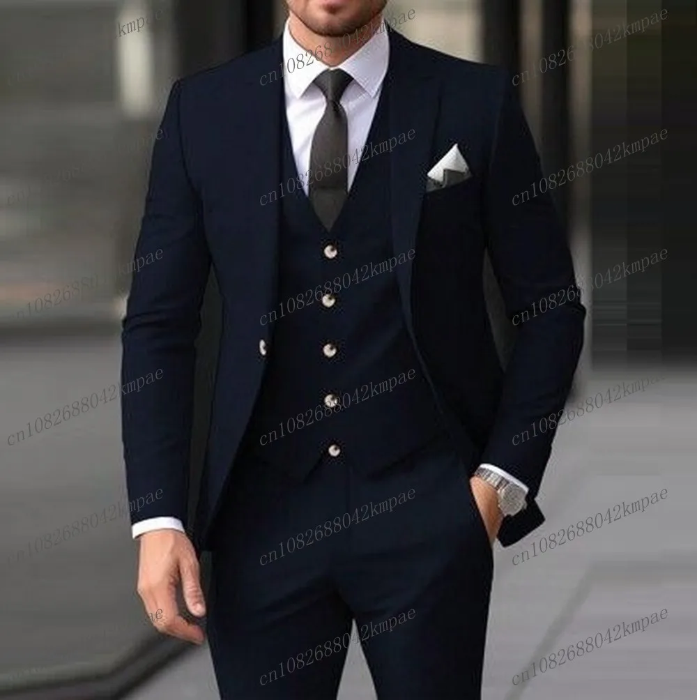 

Новый формальный темно-синий деловой мужской костюм для жениха, жениха, свадебной вечеринки, выпускного вечера, смокинги, мужской костюм, комплект из 3 предметов, куртка, жилет, брюки