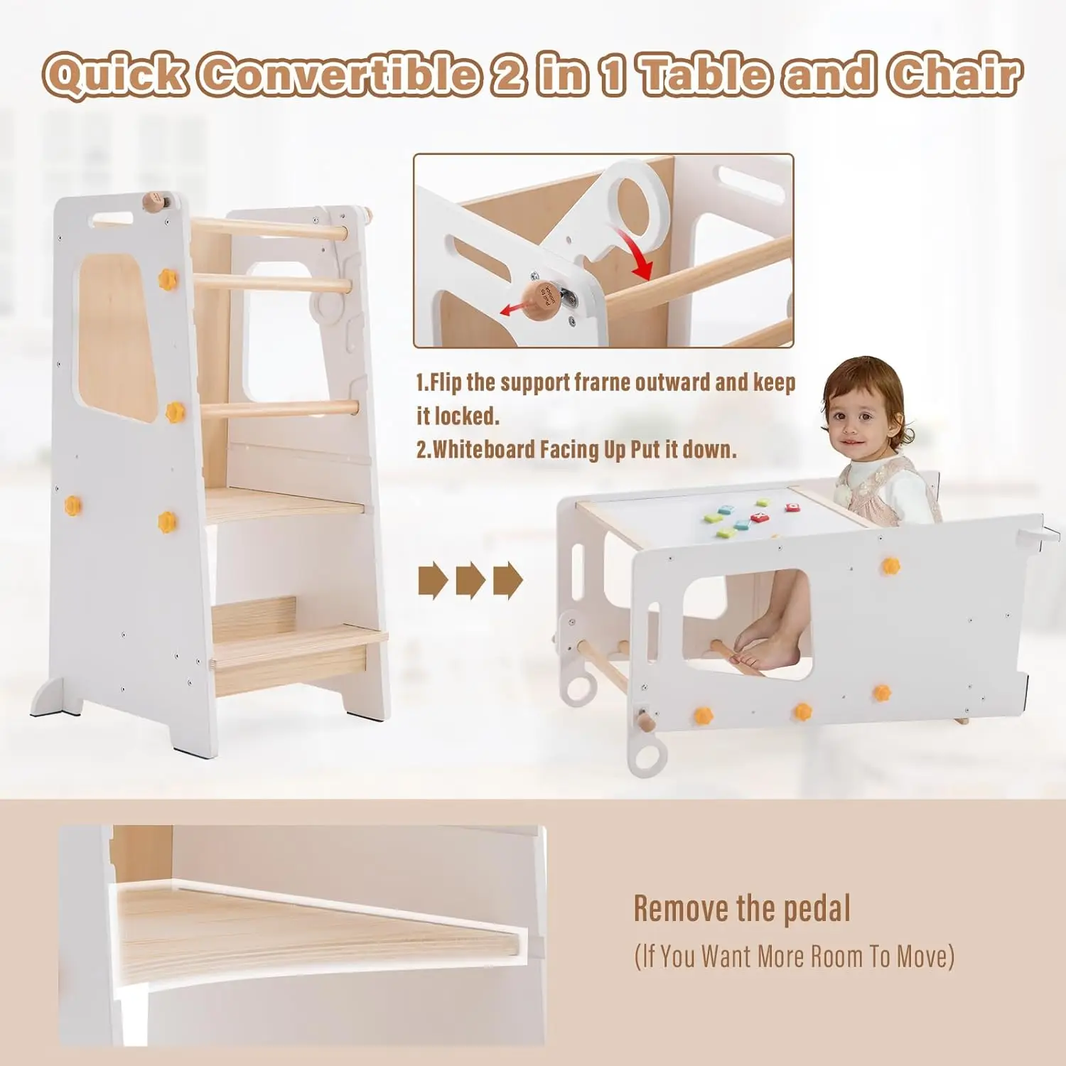 Kitchen Tower, Kids Kitchen Stool Helper, Standing Tower with Convertible Table and Chair, Toddler Step Stool with Adjustable-He