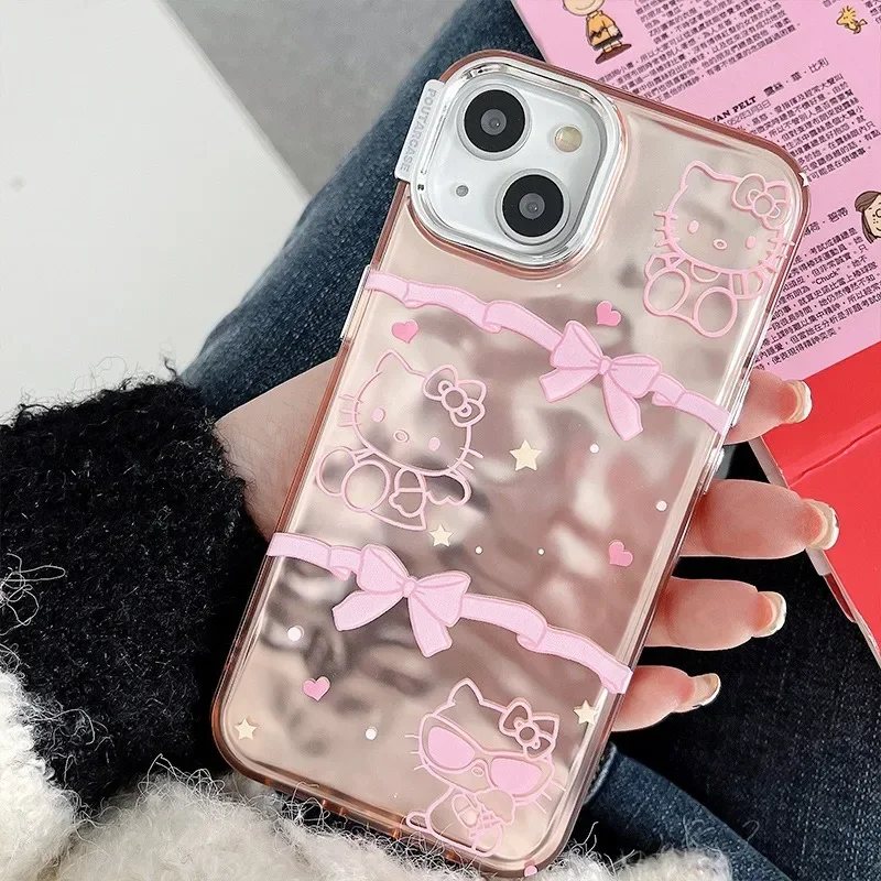 Electroplated Mirror Cute Sanrio Hello Kitty Case for IPhone 15 14 Pro Max 11 12 13 Pro Max Cover Pink Frame Cute Cartoon Cover