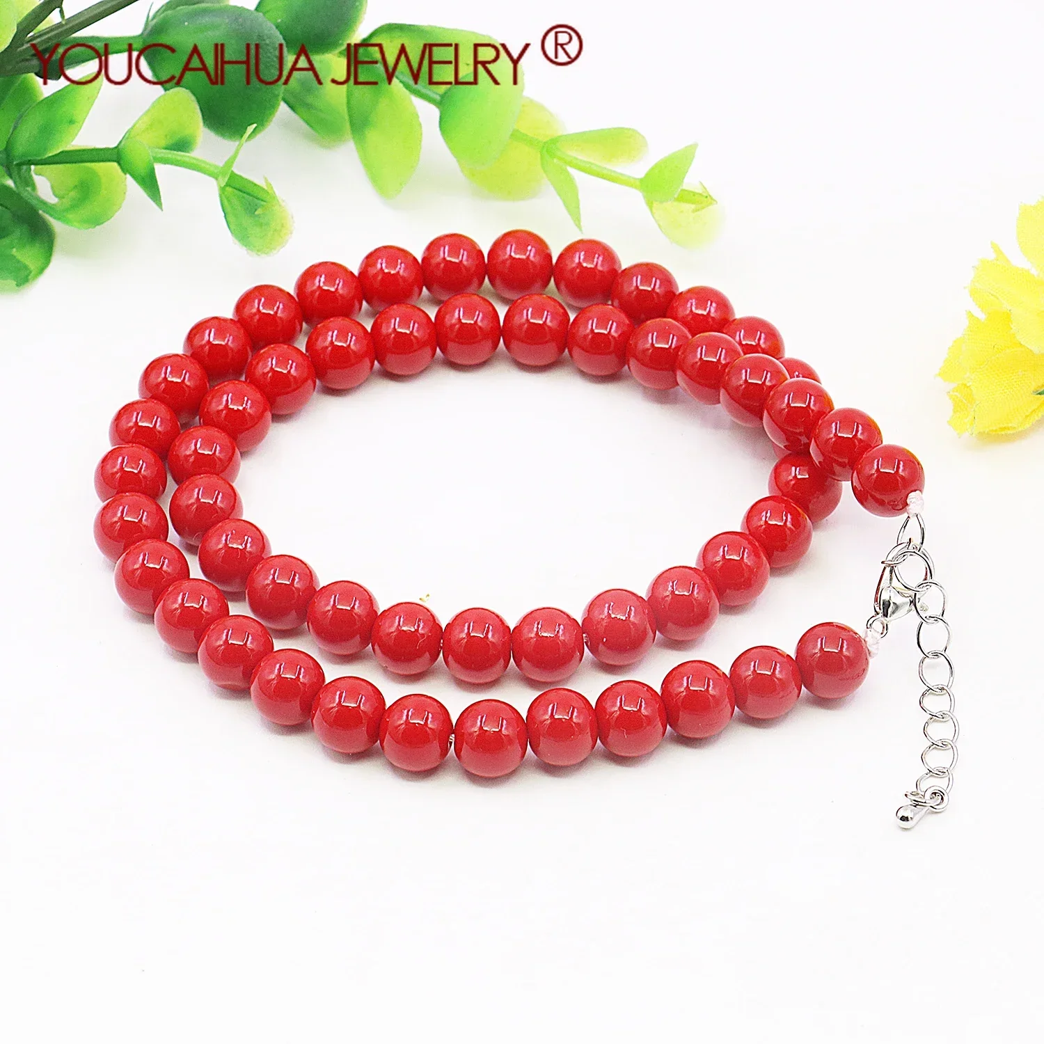 8mm Red Artificial-Coral Shell Pearl Necklace,Round Beaded Neckchain,Gifts for Mother,Girls Women's Jewelry Making/Design 40+5CM