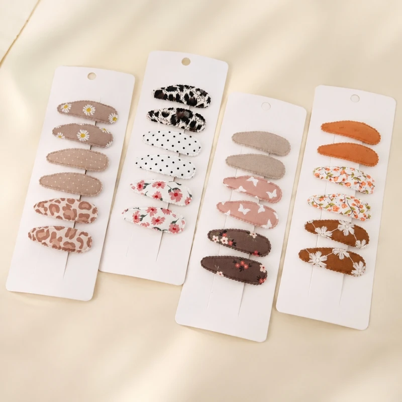 6個セット 可愛い刺繍花柄ヘアクリップ 女の子用 布製スナップバレッタ BBクリップ キャンディーカラー ヘアアクセサリー 幼児用ヘアピン 1