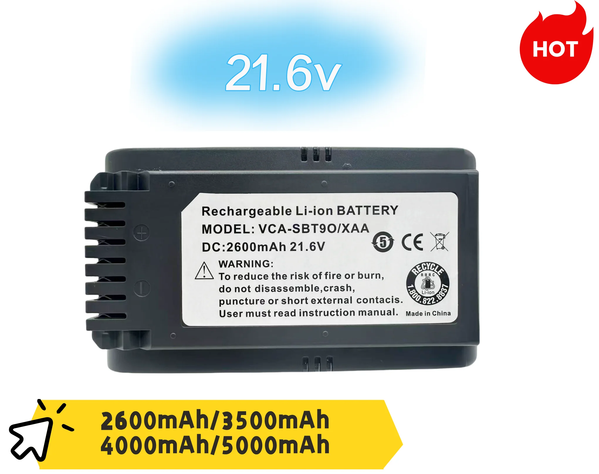 

High-capacity 21.6V 5000mAh rechargeable battery For Samsung JET75/JET75+/JET90/JET90+/JET90E Vacuum Cleaner， Model: VCA-SBT90