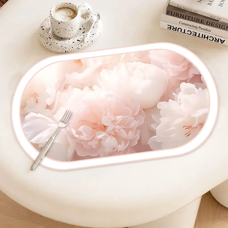 VIKAMA Oval Soft Pink Peony Placemat Floral Frame Print Waterproof Non Slip Heat Resistant Dining Desk Decor Pad Kitchen Mat