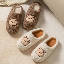 New Women Home Slippers Men Furry Indoor Bedroom Flats Warm Plush Couples Cute Cartoon Bear Winter Floor Slides Non-slip Shoes