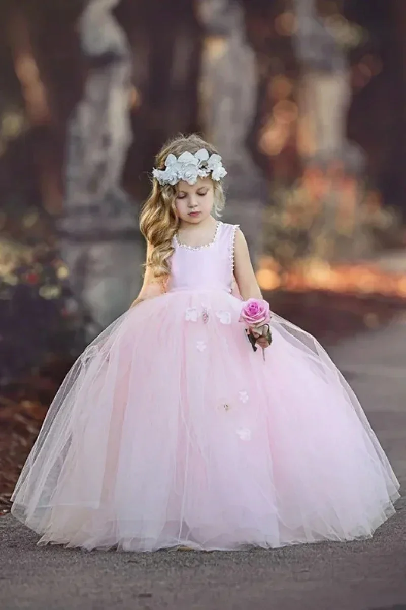 Customized Blush Pink Flower Girl Dresses For Wedding Lace Tulle Pearls Floral Fluffy Little Girl Formal Events Performance Gown