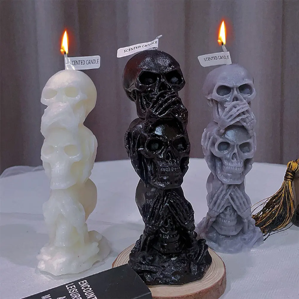 Horror Series Triple Skull Candle Silicone Mold Skeleton Soap Resin Plaster Mould Halloween Party Chocolate Decor Festival Gifts