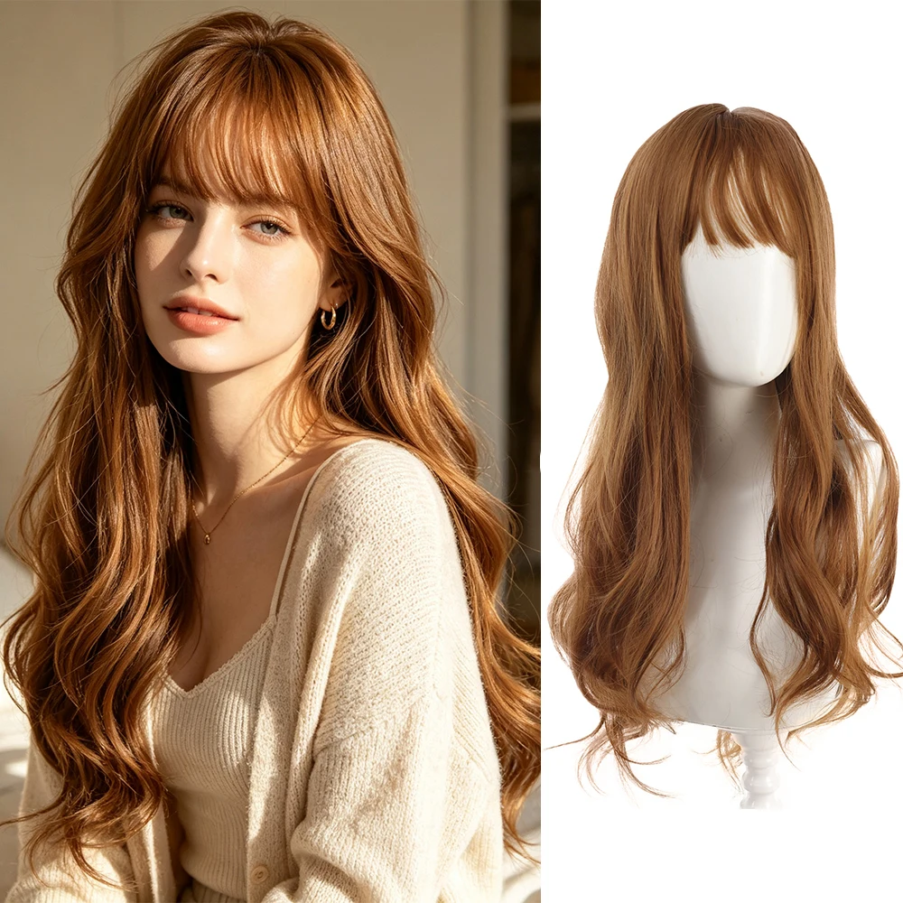 Synthetic 24 Inch Lolita Brown Straight Bangs Long Curly Hair Wig Halloween Cosplay Heat Resistant Fiber Hair Accessories