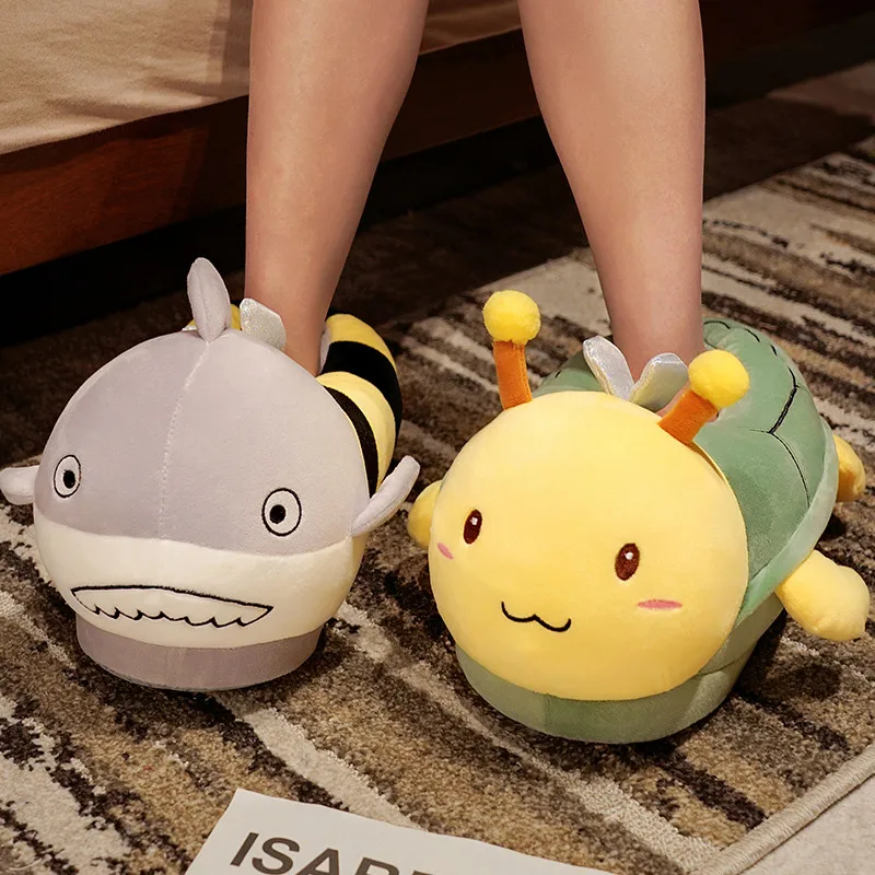 Kawaii Cartoon Bee Shark Bee Turtle Plush Anti slip Warm Home Women Cotton Slippers Funny Combination Animal Shoes