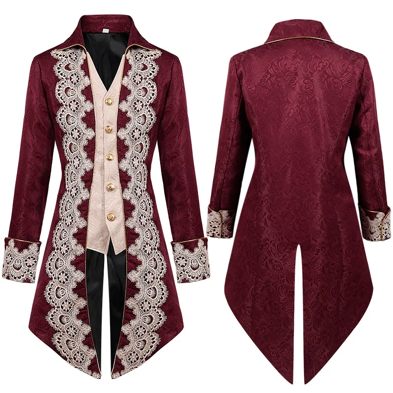 Deluxe Victorian King Prince Lace Costume for Adult Men Top Jacket Steampunk Mid-century Gothic Frock Blazer Coat Uniform