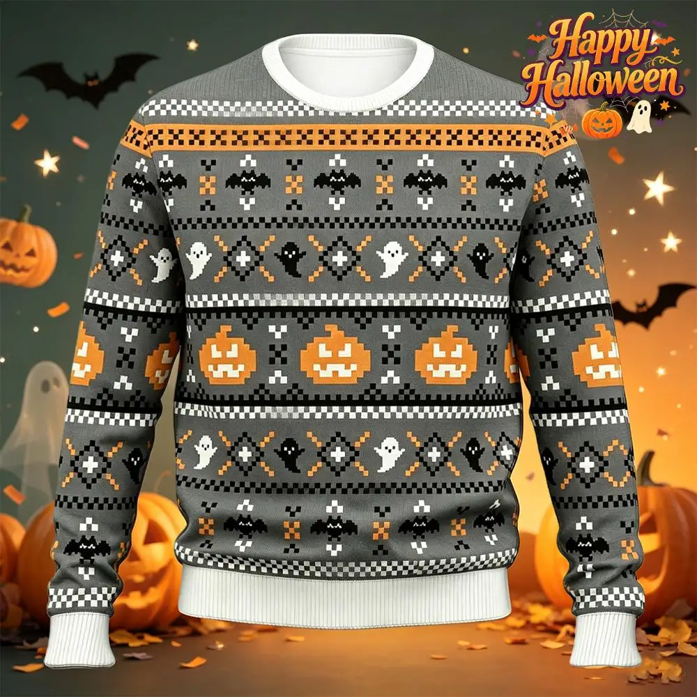 Funny Halloween Ugly Sweater Pumpkin Ghost Print Long Sleeve Pullover Autumn Winter Men's And Women's Party Crewneck Sweatshirt